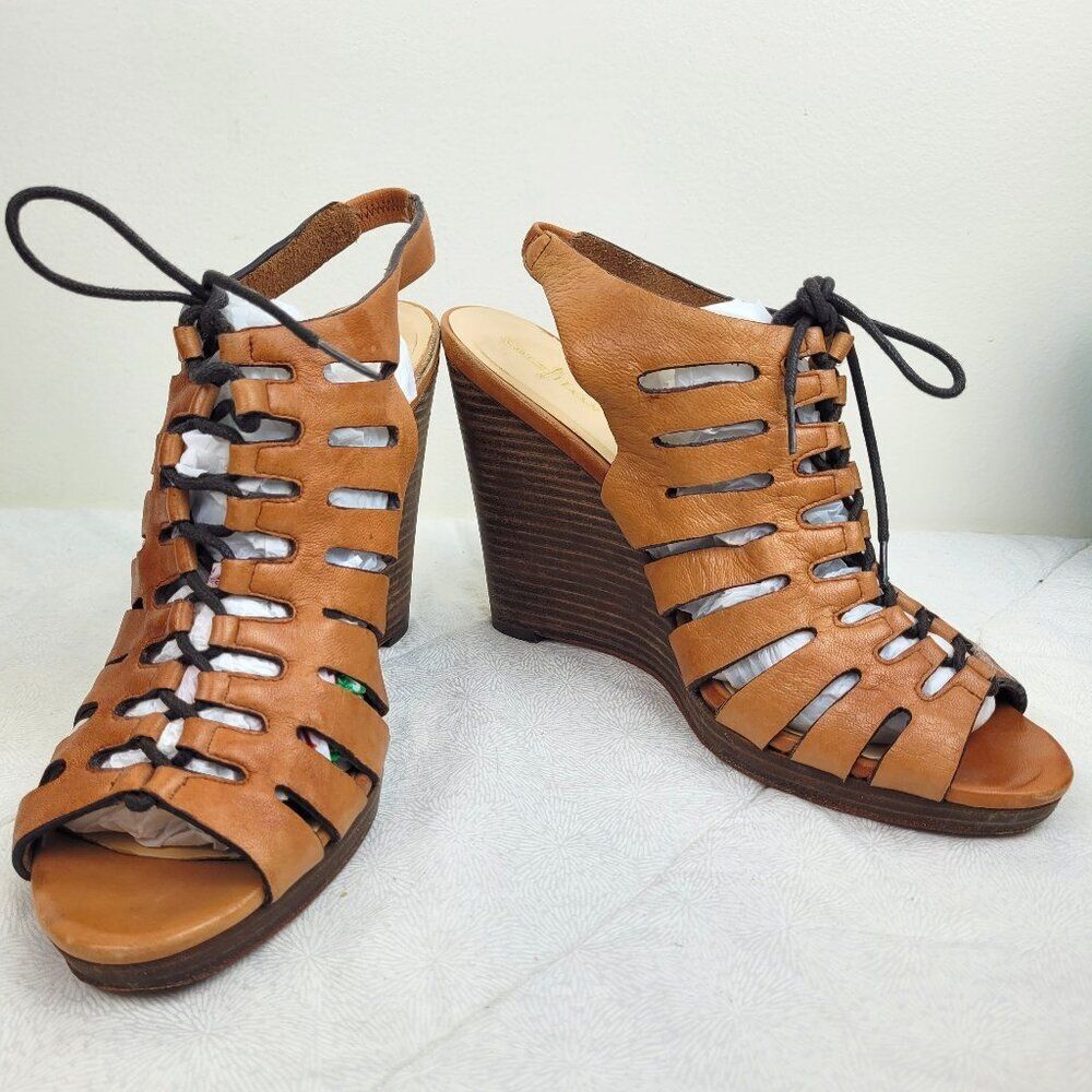 Cole Haan tan Skye lace up peep toe slingback high wedge sandals boho hippie 10B